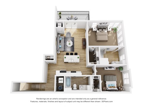 2 Bedroom 2 bath  Corner with lg covered Balcony Floor Plan at The Daniels at Northern Gateway Apartments, Saukville, 53080